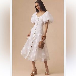 Anthropologie Let Me Be Puff-Sleeve Sheer Midi Dress Size Medium NWT